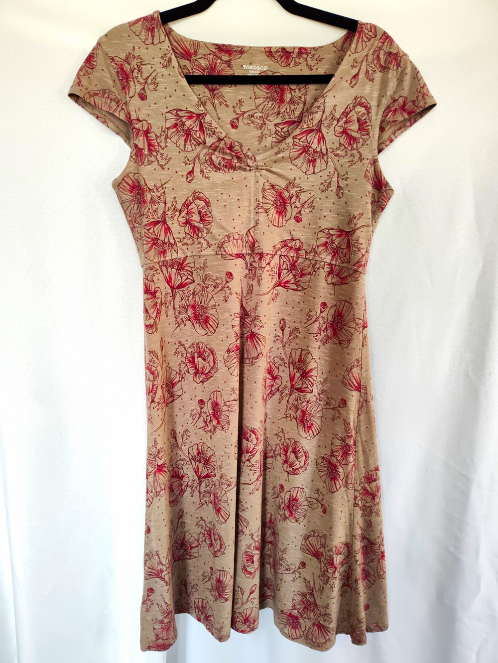 Toad&Co Beige Pink Floral V-Neck Knit Cotton A-Line Knee Dress Short Sleeve S